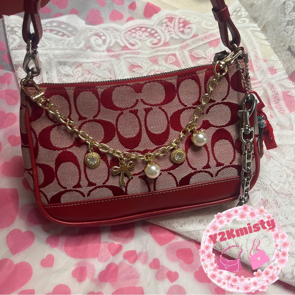 Coach Y2K Red Cherry Demi Shoulder Bag Signature Jacquard Pouch